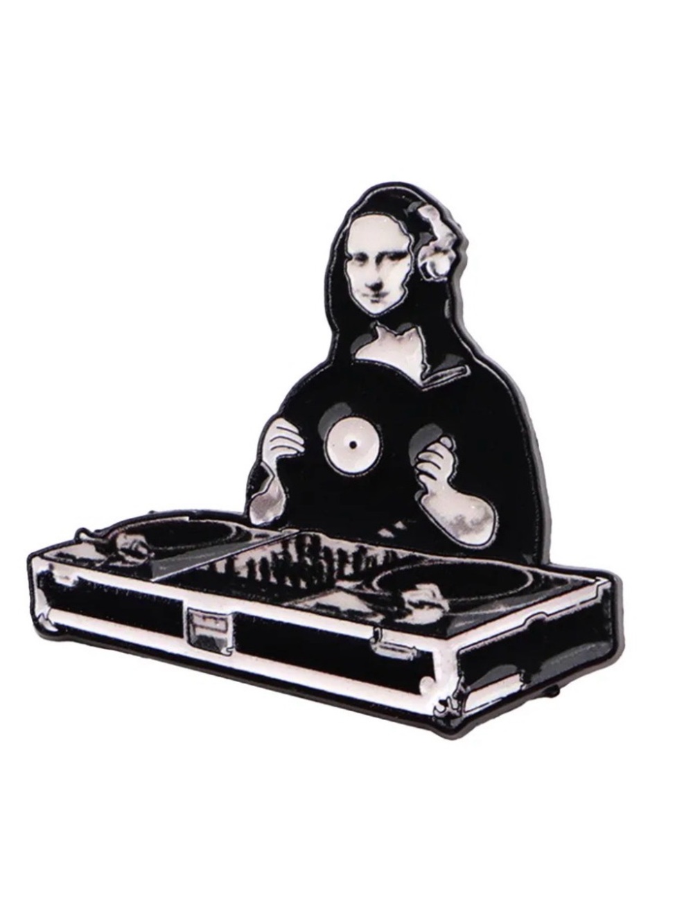 Mona Lisa DJ Enamel Pin Funny Art Music Turntable Black & White Lapel Brooch